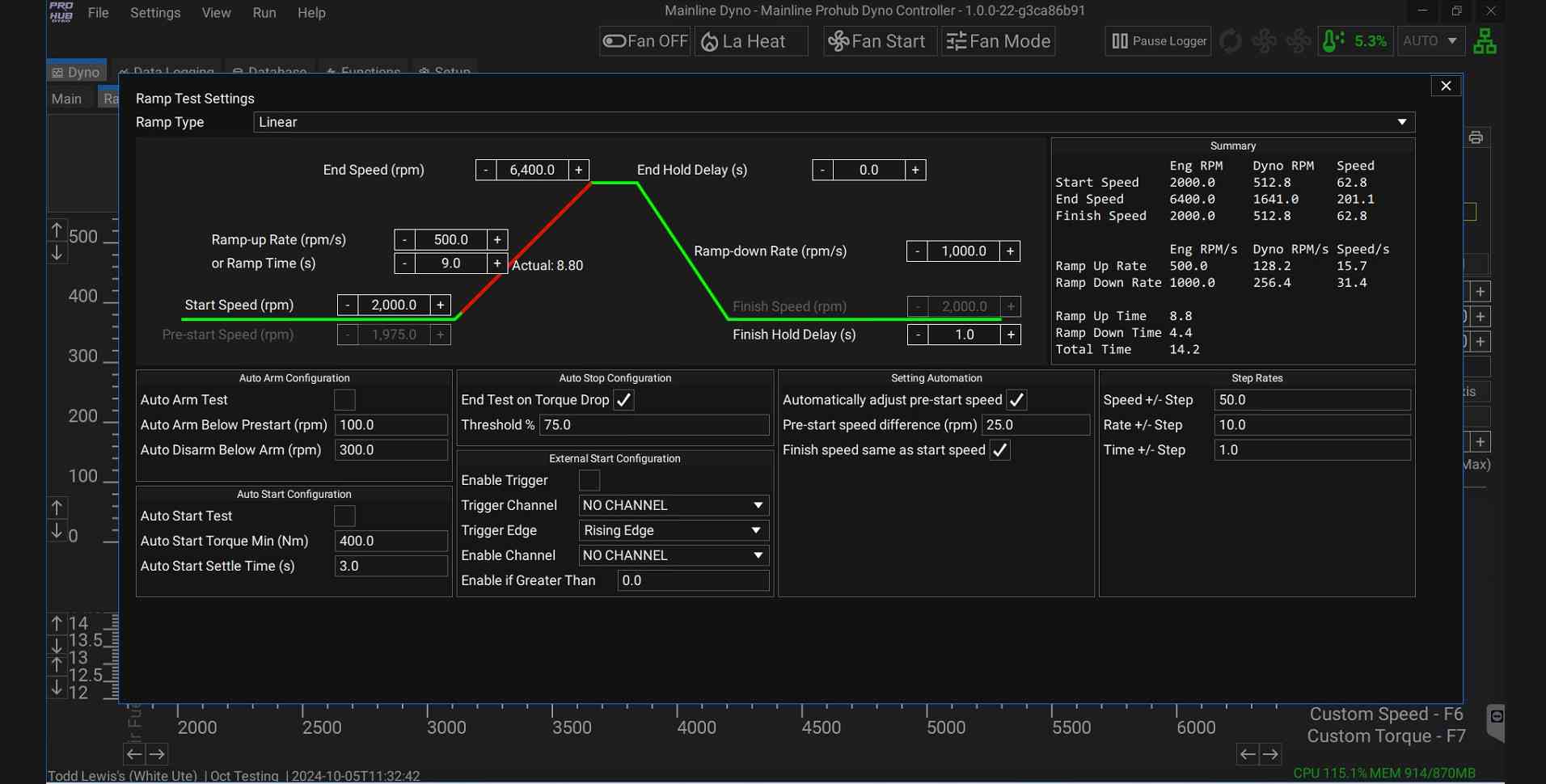 Linear Ramp Test Setup Screen